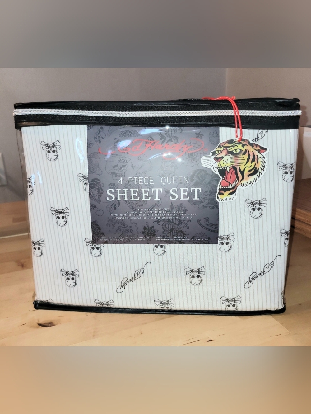Ed Hardy 4-Piece Queen Sheet Set - White with Black Skull Print